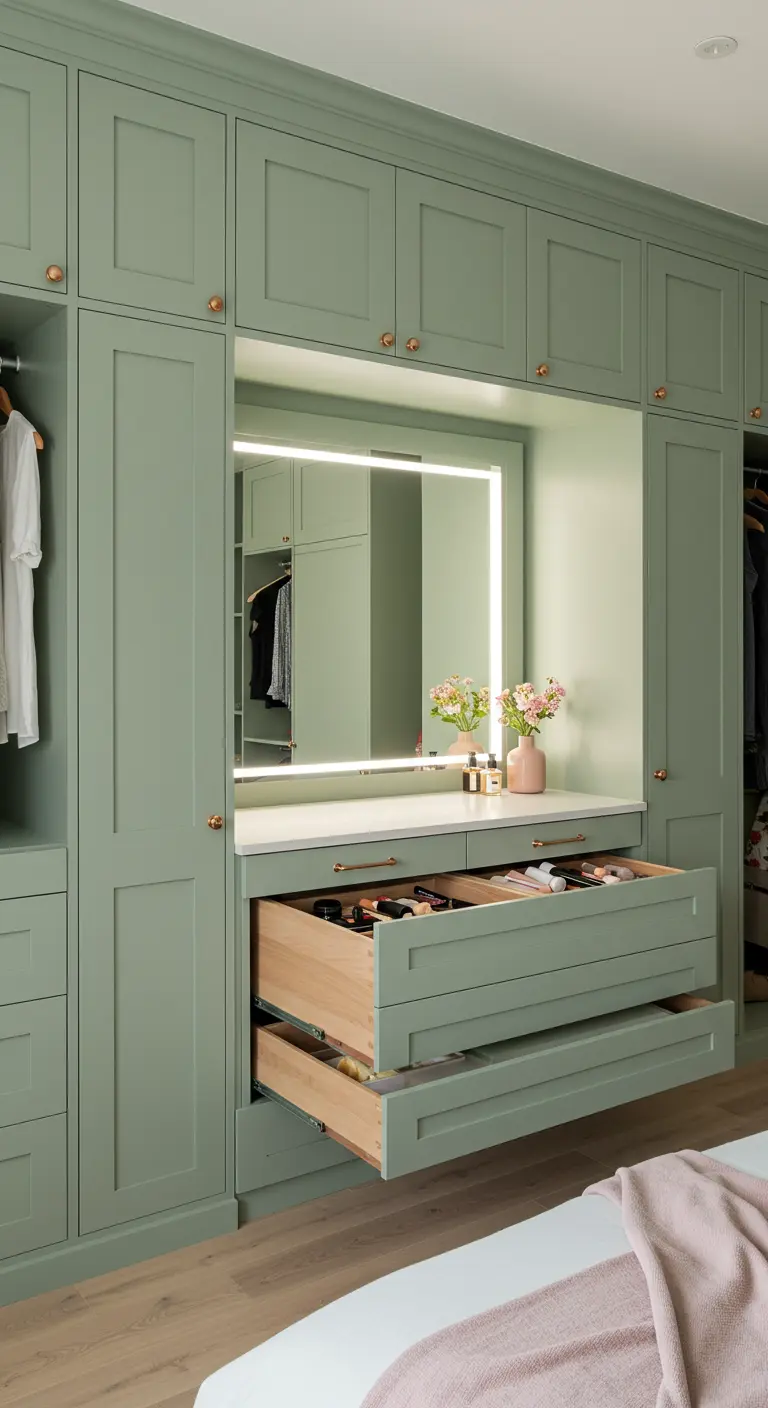 Dressing vert sauge avec coiffeuse intégrée et miroir lumineux.