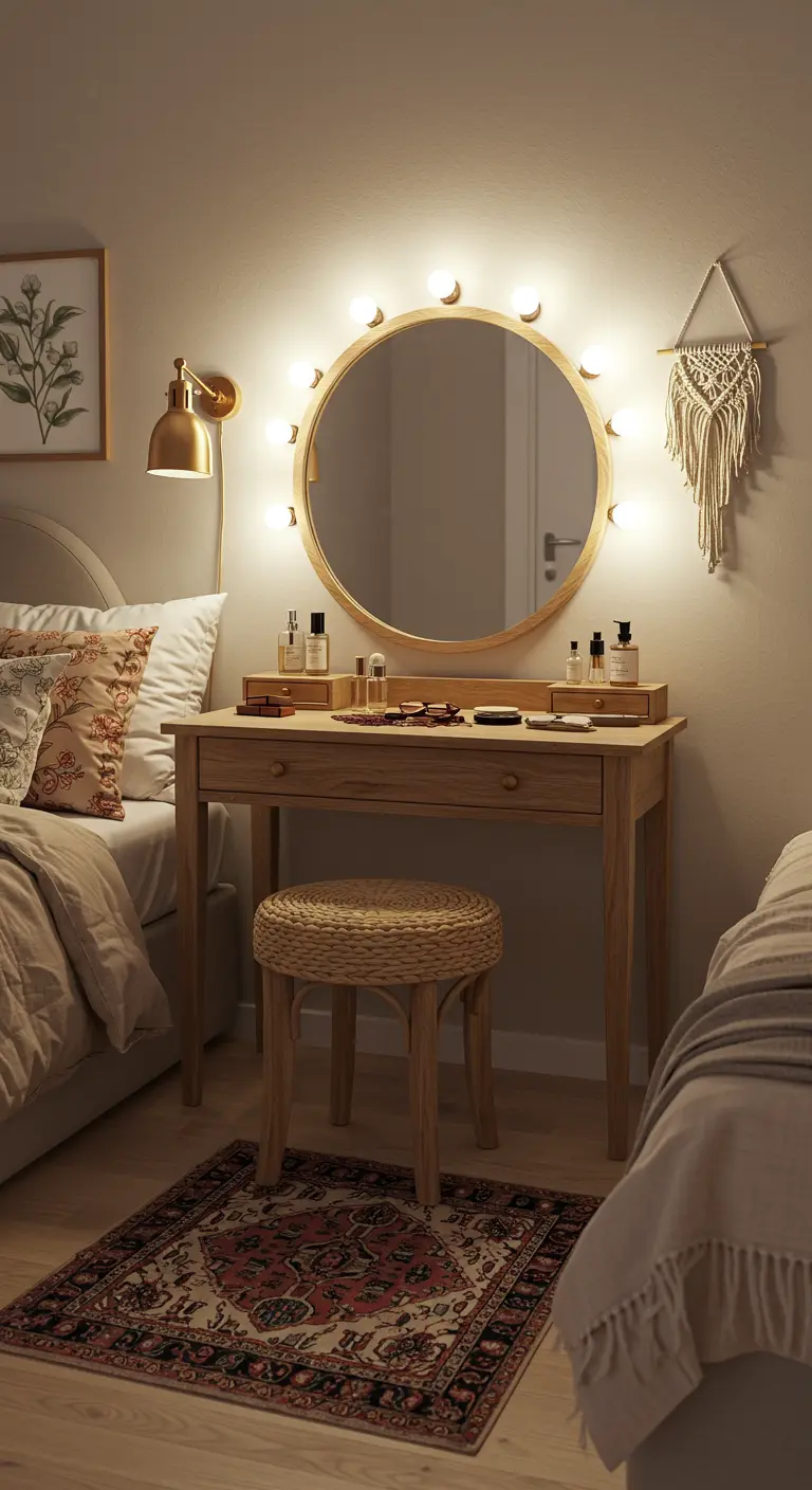 Coiffeuse en bois avec miroir lumineux, tabouret tressé et petit macramé dans une chambre bohème.