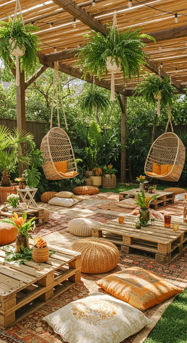 Patio bohème avec fauteuils suspendus, tables basses en palettes, tapis et coussins au sol, entouré de plantes.