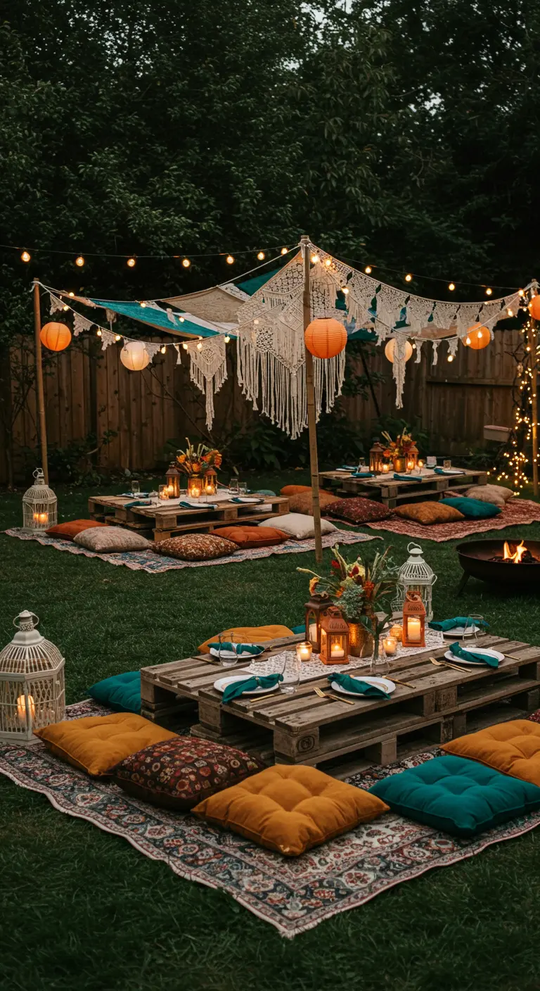 Espace lounge extérieur bohème avec tables basses en palettes, coussins colorés, macramé et lanternes.