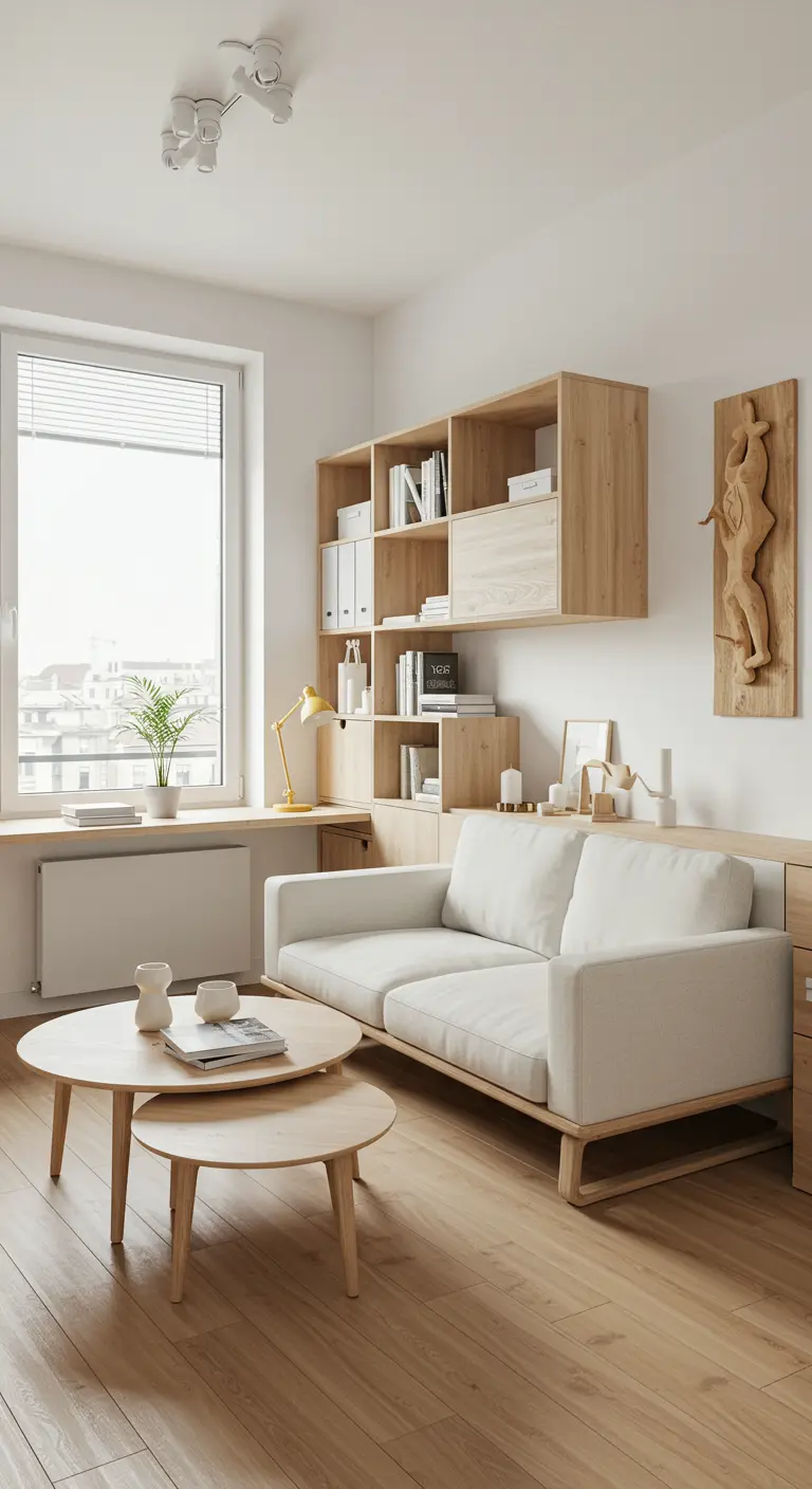 Petit salon avec canapé blanc, tables basses rondes en bois et étagère murale intégrée avec coin bureau.