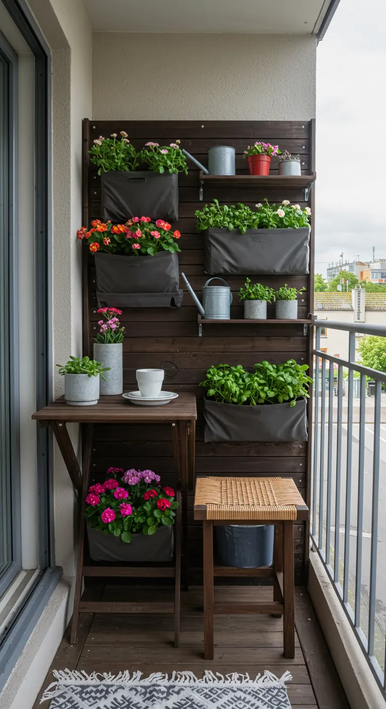 Mur en lattes de bois foncé avec poches de plantation, petite table pliante, tabouret, arrosoirs.