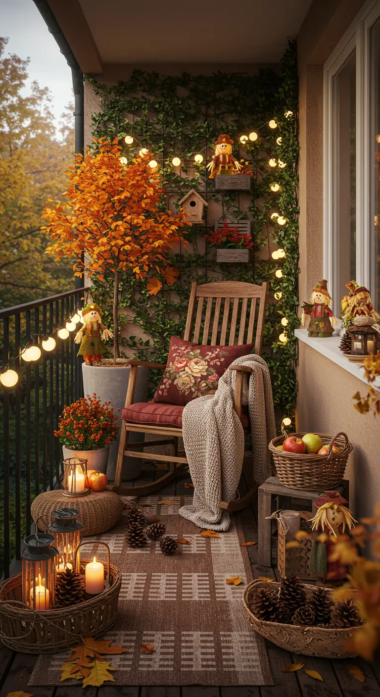 Balcon avec mur végétal de vigne vierge lumineuse, fauteuil à bascule, décor automnal, paniers et érable en pot.