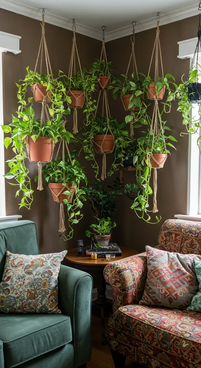 Coin salon cocooning avec de nombreuses plantes suspendues en macramé et pots en terre cuite.
