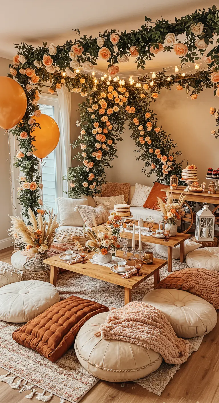 Espace intérieur bohème avec coussins de sol, tables basses en bois, guirlandes de roses pêches et lumières.