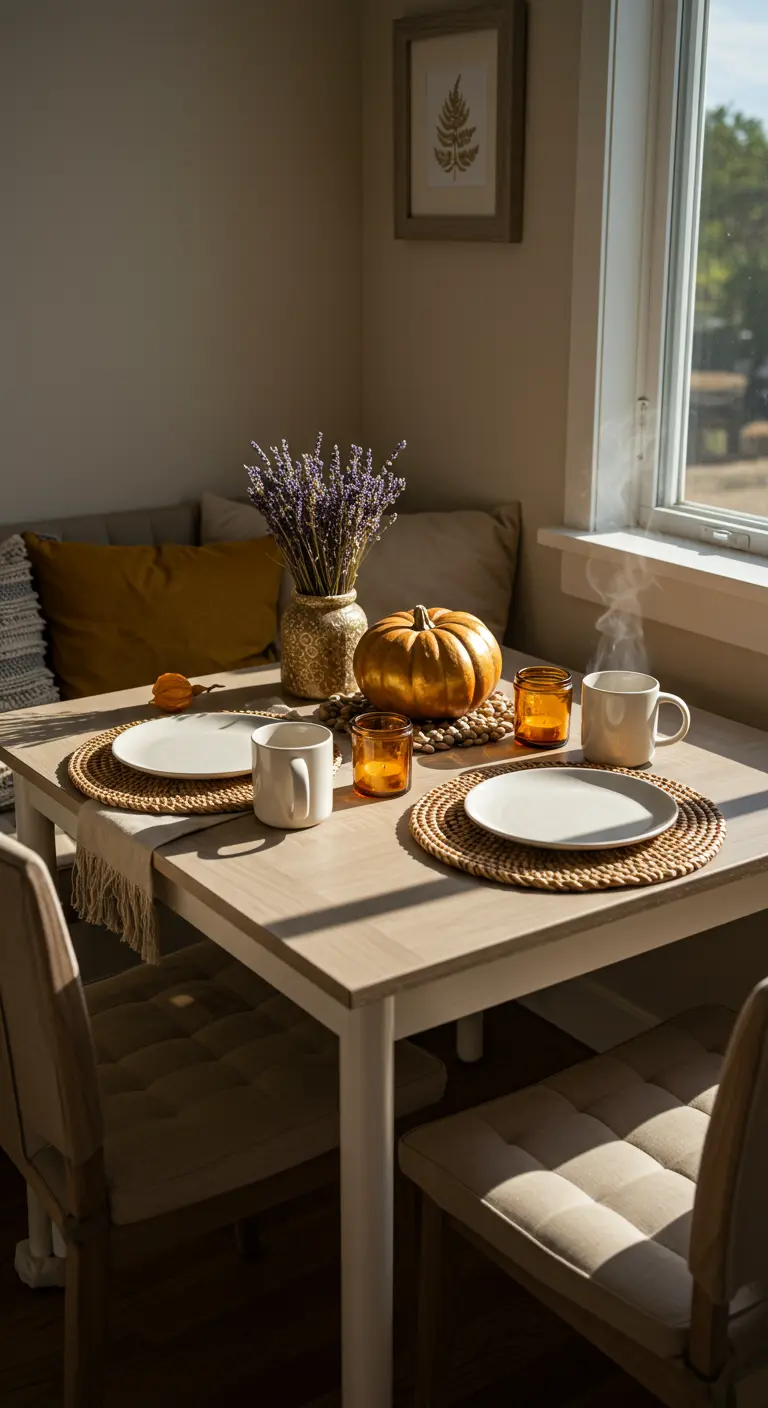 Une petite table de cuisine ensoleillée avec un tapis rond, une citrouille dorée, un bouquet de lavande et des tasses fumantes.