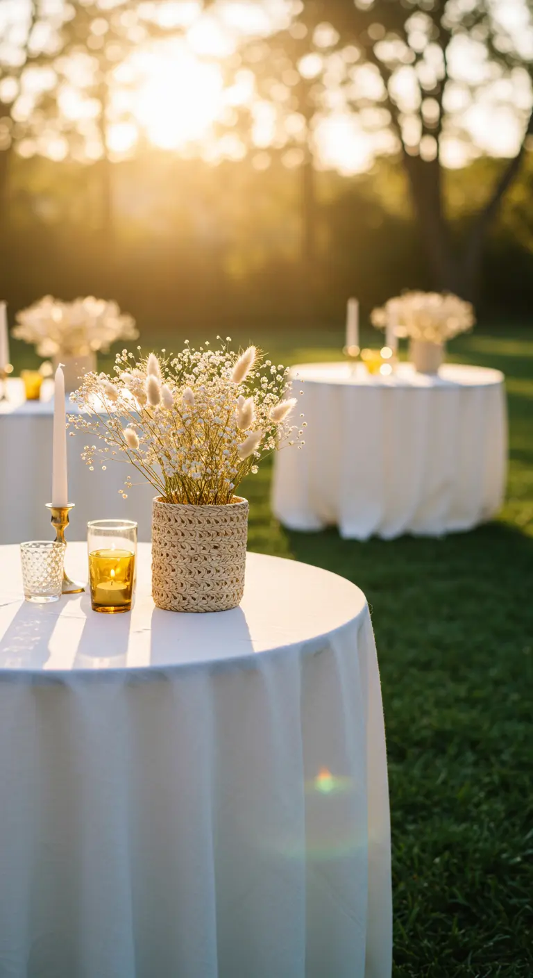 Espace de réception avec tables basses, coussins de sol colorés et bouquets de pampas.