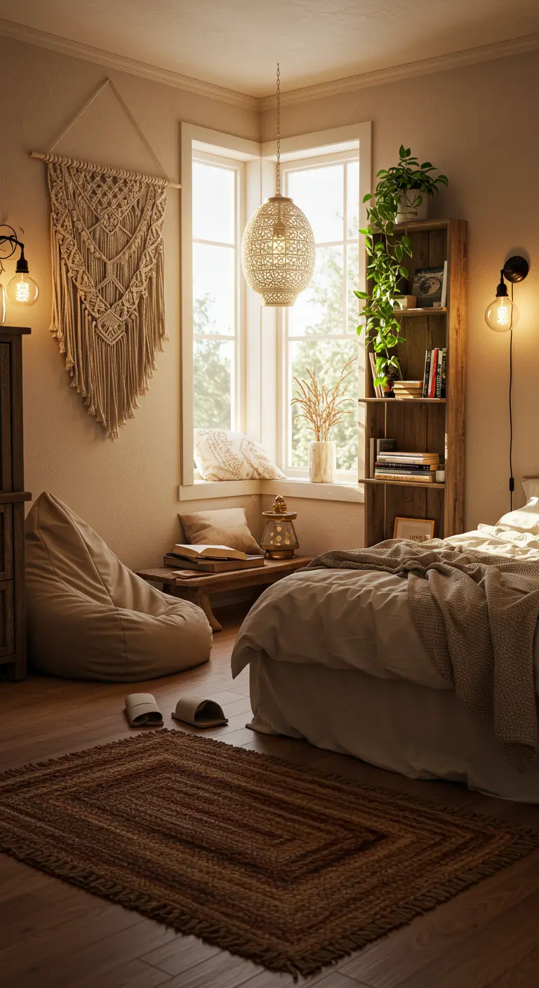 Coin chambre cosy avec pouf au sol, macramé, suspension tissée et tapis superposés.