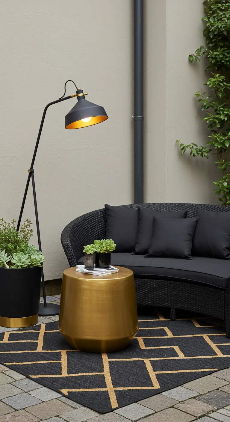Coin terrasse avec canapé incurvé noir, table basse dorée, tapis géométrique et lampadaire.