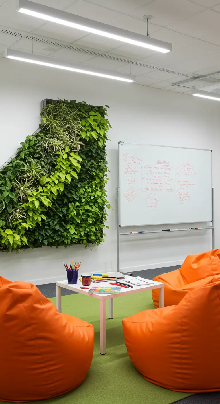 Coin de bureau avec un mur végétal angulaire, des poufs orange et un tableau blanc.