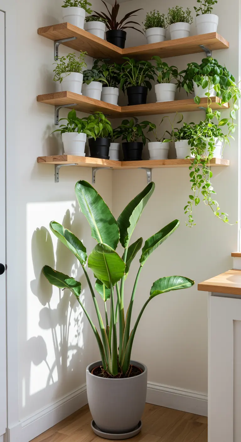 Strelitzia nicolai en pot gris, étagères d'herbes aromatiques en cuisine.