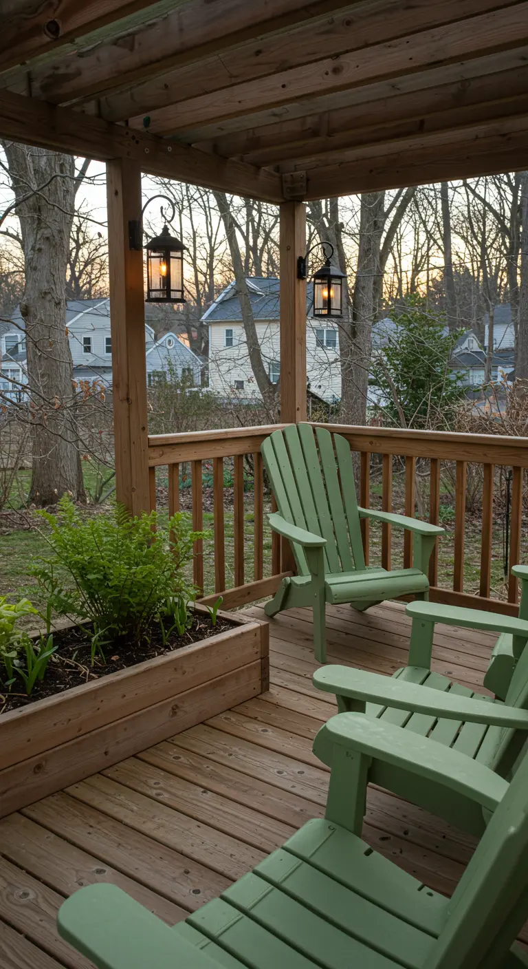 Terrasse en bois sous une pergola avec des chaises Adirondack vertes, une jardinière et des lanternes murales.