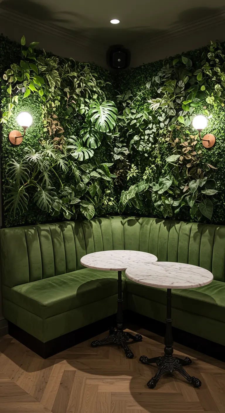 Coin salon cosy avec banquette verte et un grand mur végétal luxuriant dans un café.