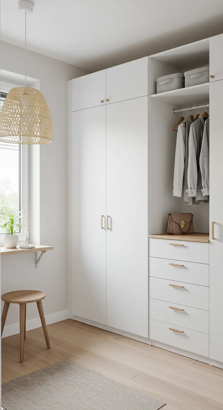 Placard blanc ouvert près d'une fenêtre avec tabouret en bois et suspension.