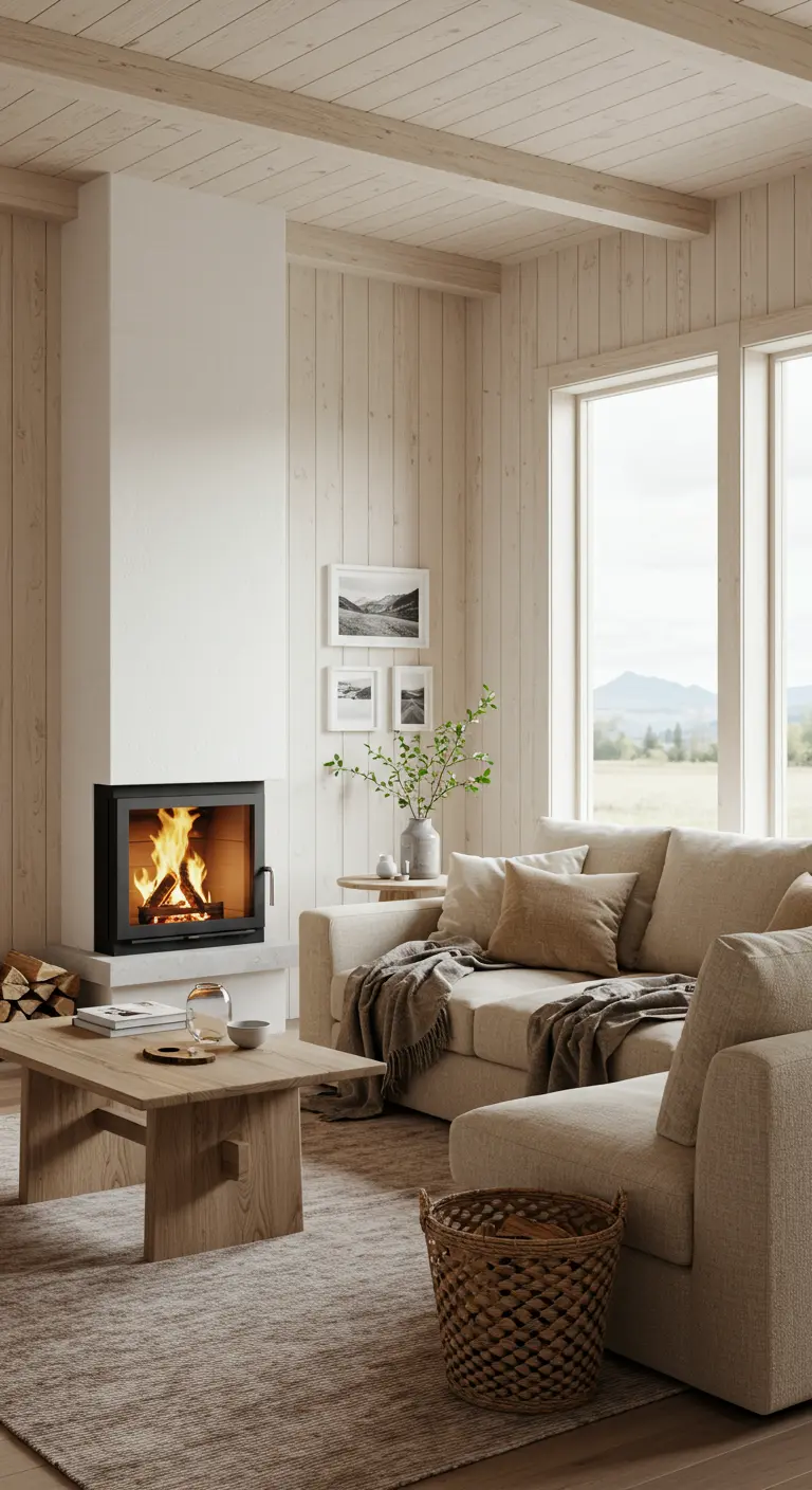 Salon cosy avec cheminée moderne, canapé d'angle crème, table basse en bois brut et mur lambrissé blanc.