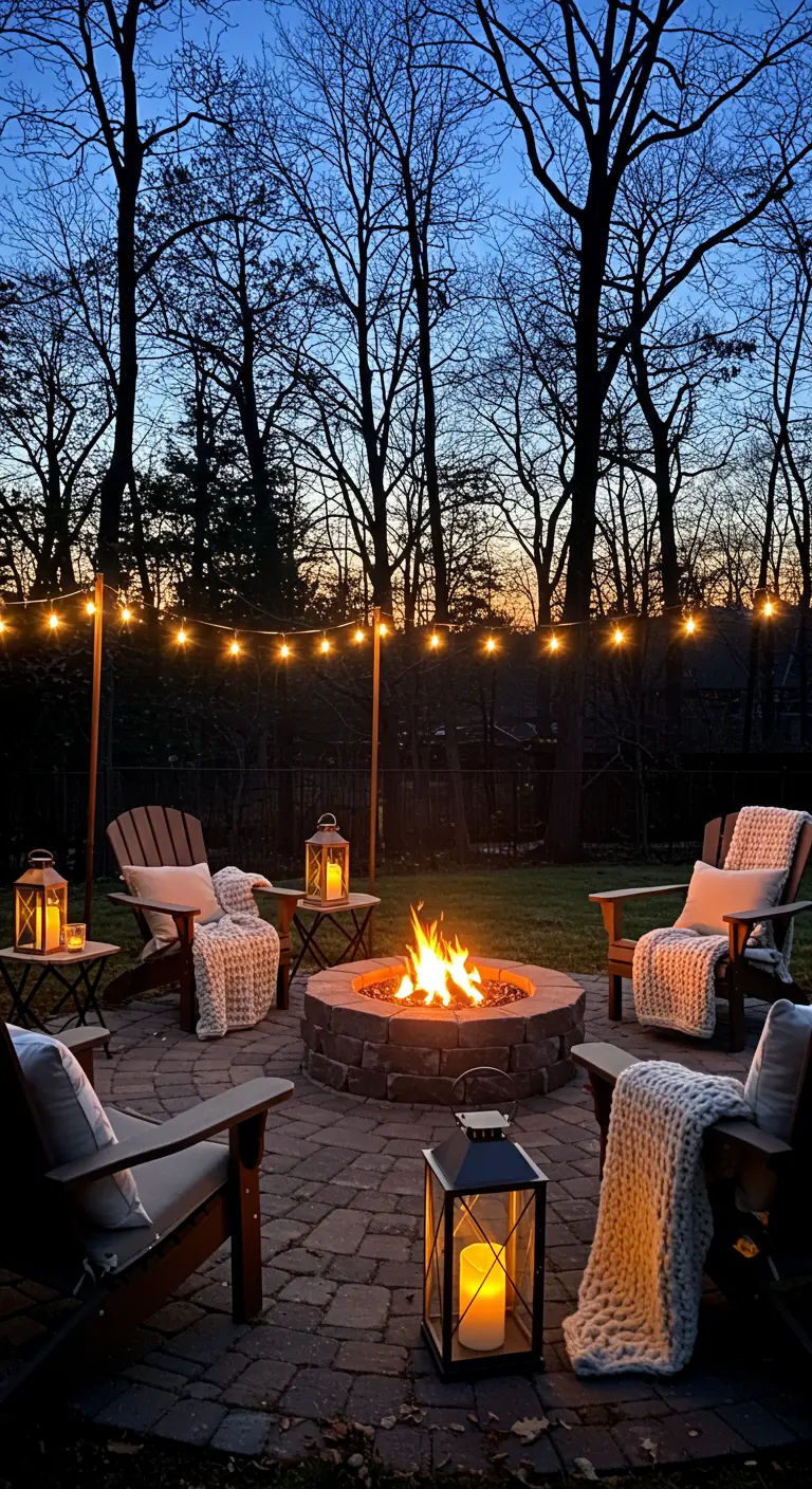 Zone de feu de joie extérieure avec foyer en pierre, chaises en bois, guirlandes lumineuses et lanternes.
