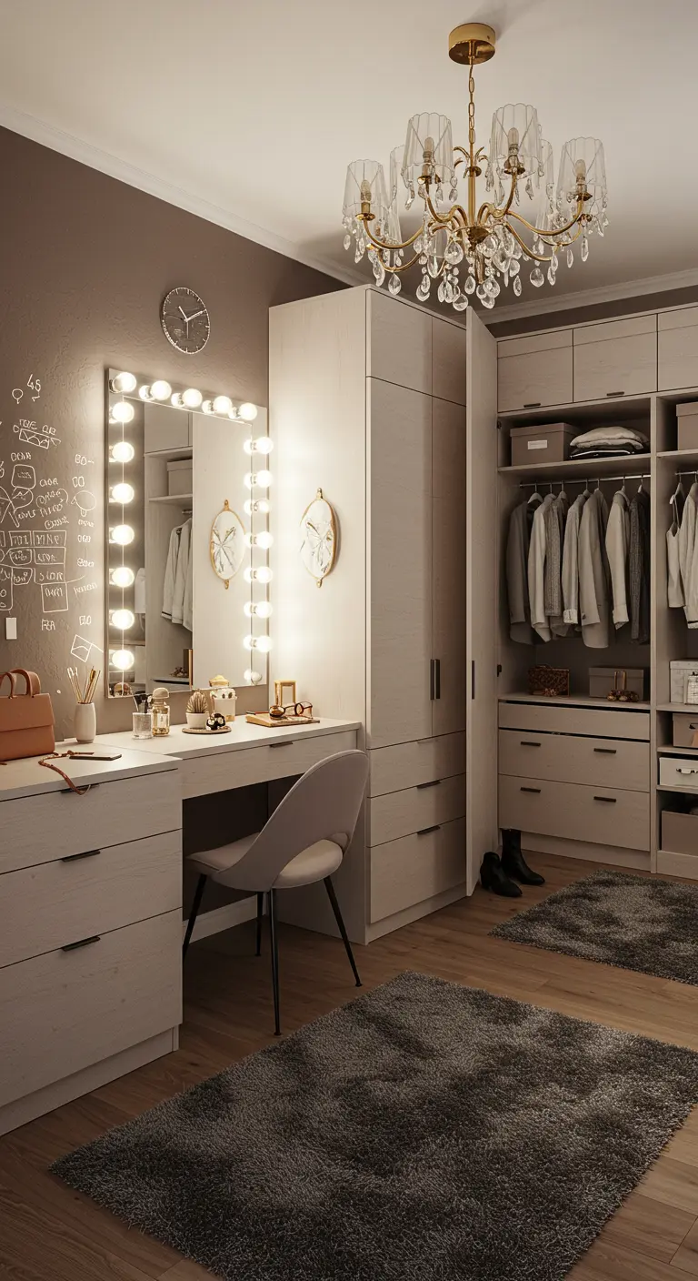 Coiffeuse glamour avec miroir éclairé et rangements intégrés dans une chambre dressing claire.