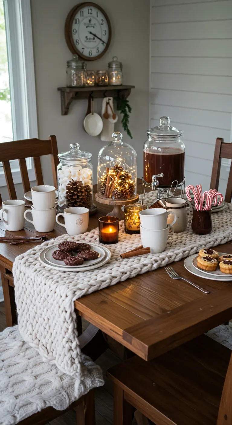 Coin gourmand hivernal avec chemin de table tricoté, distributeur de chocolat chaud, guimauves et guirlandes lumineuses.