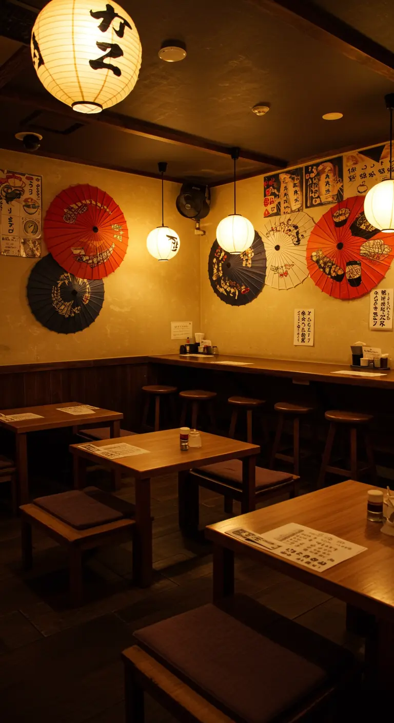 Bistro japonais chaleureux avec tables en bois, lampions suspendus et ombrées chinoises décoratives sur les murs.