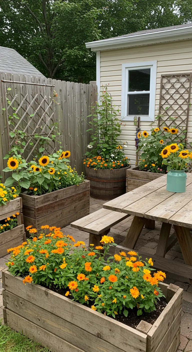 Jardin rustique avec jardinières en bois, tournesols, soucis, table de pique-nique en bois.