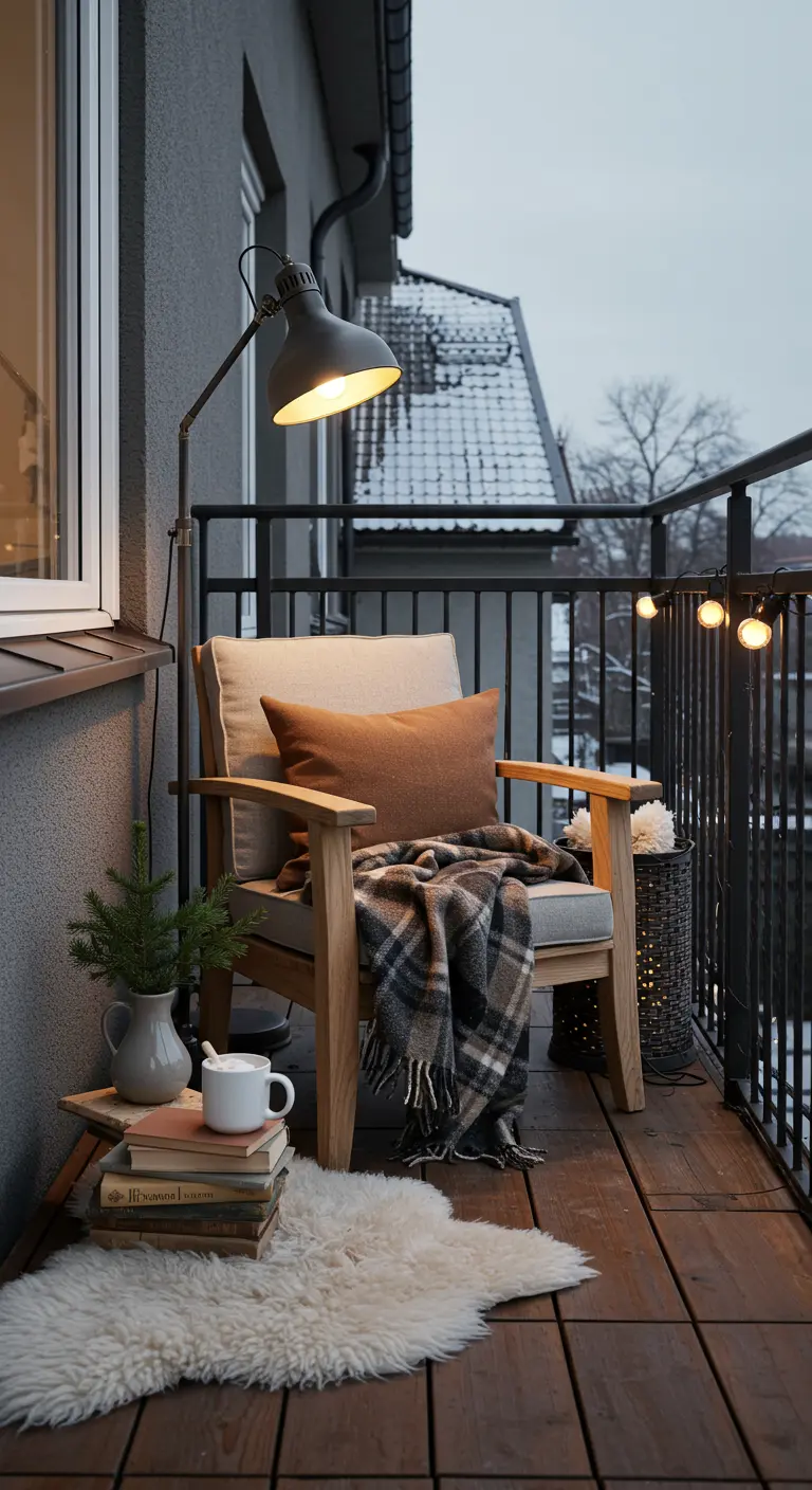 Fauteuil confortable avec plaid écossais et lampe sur pied sur un petit balcon.