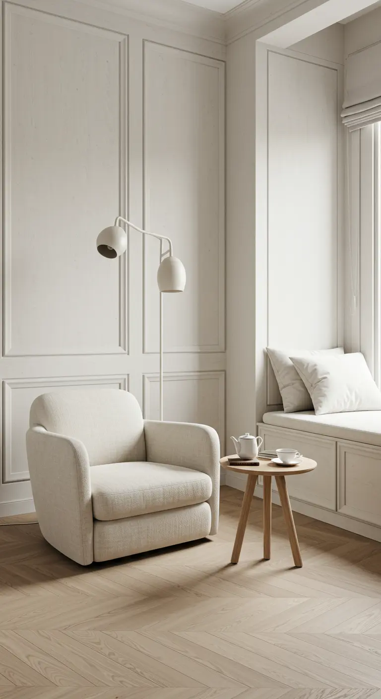 Coin lecture lumineux avec fauteuil blanc, table d'appoint en bois clair, banquette sous fenêtre et murs moulurés.