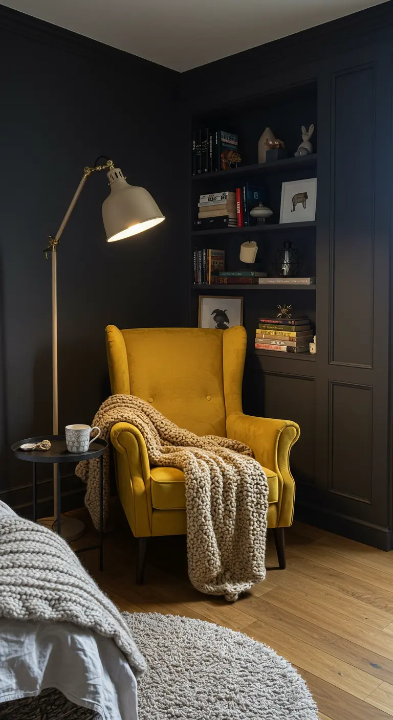 Coin lecture sombre et cosy avec un fauteuil jaune moutarde, un plaid épais et une lampe sur pied.