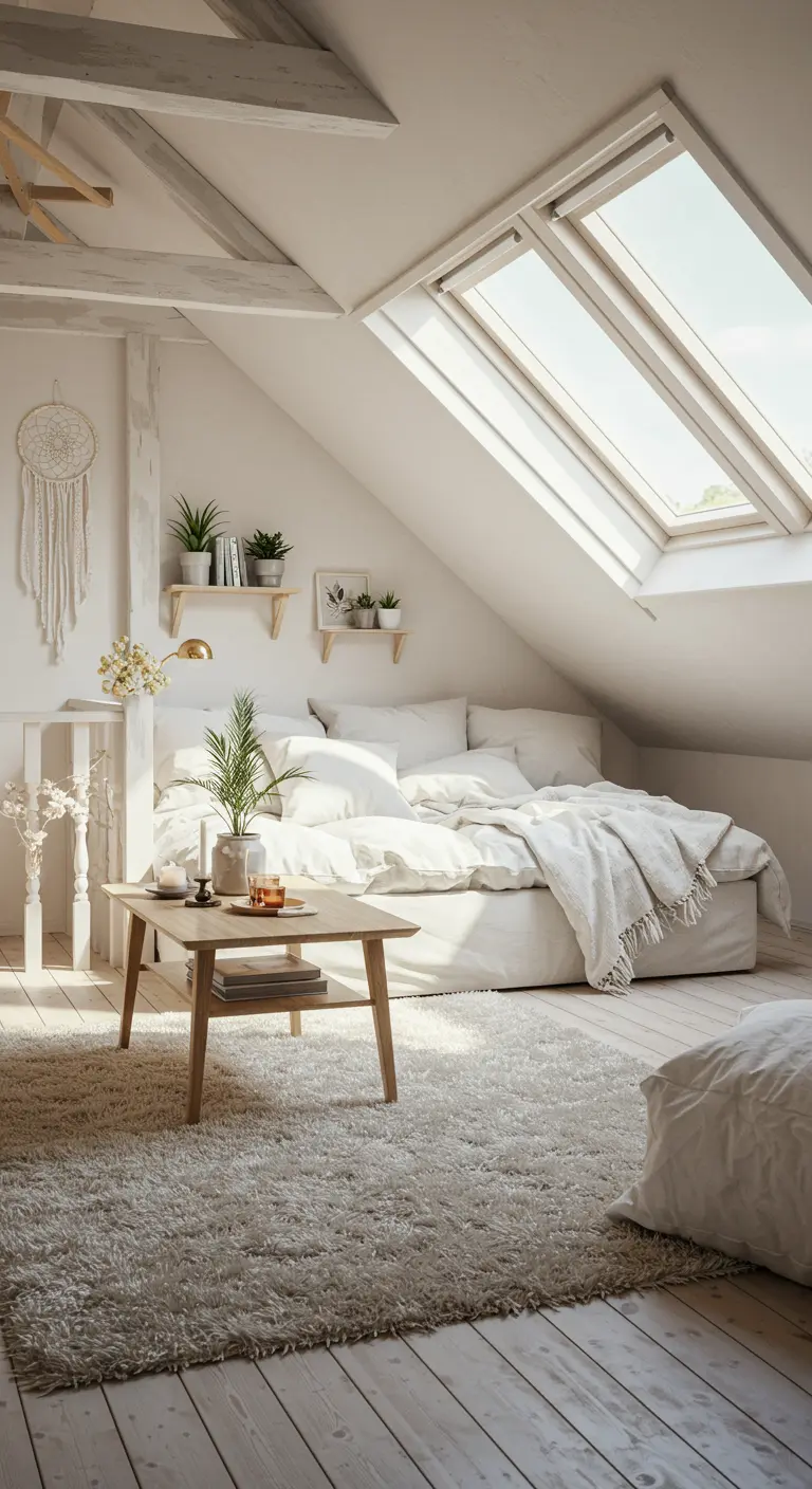 Chambre mansardée lumineuse avec lit blanc, tapis shaggy, table basse en bois et étagères avec plantes.