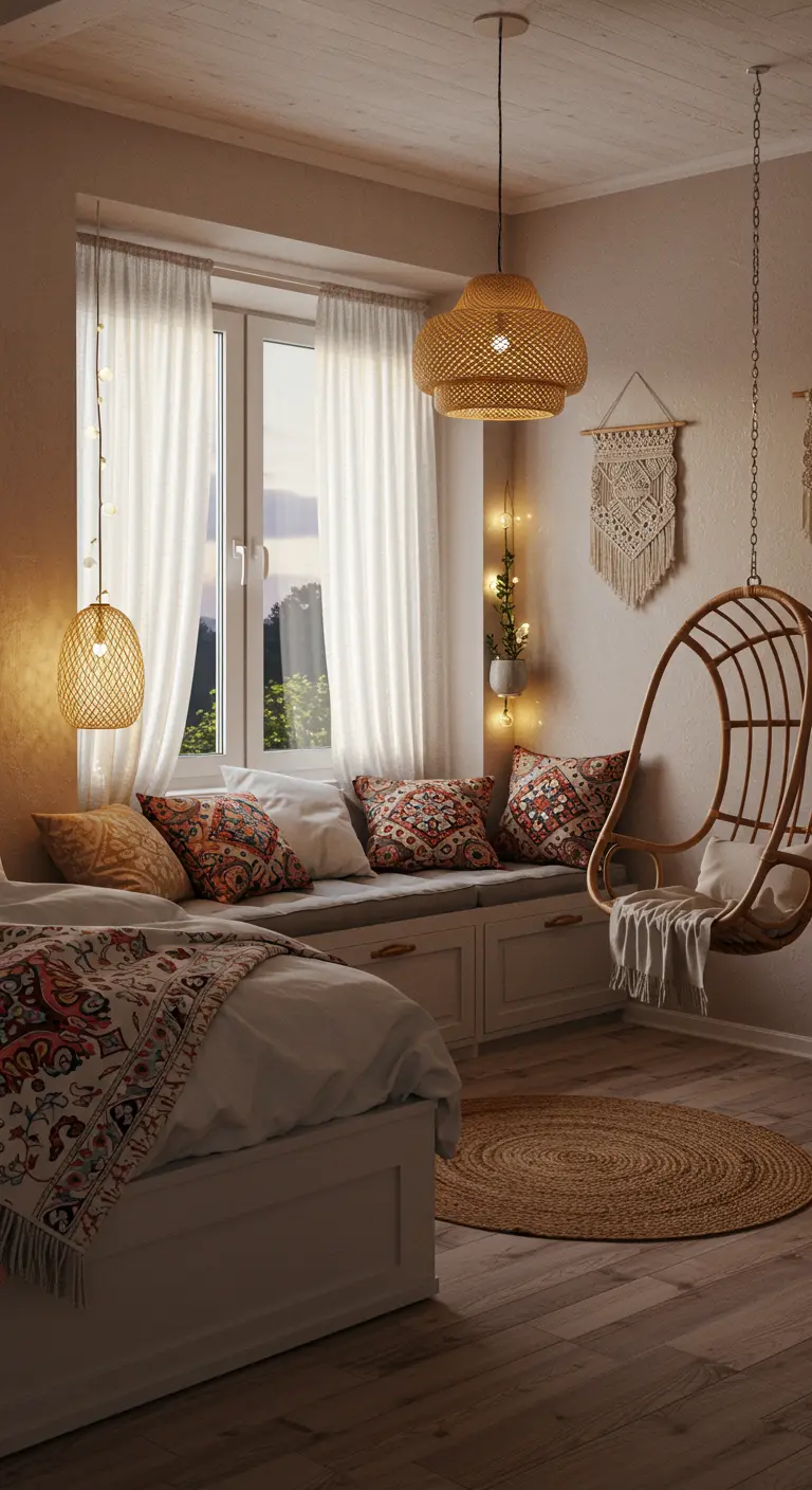 Chambre avec un coin lecture près de la fenêtre, balancelle suspendue et coussins colorés.