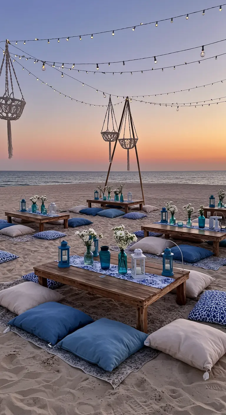 Espace lounge sur une plage au coucher du soleil avec tables basses en bois, coussins colorés, guirlandes lumineuses.