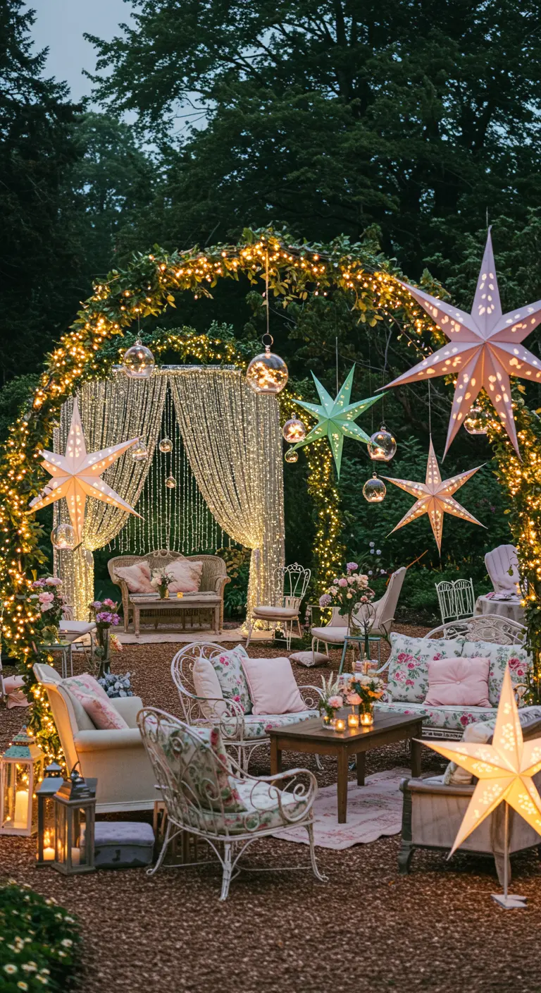 Un coin salon extérieur fleuri et lumineux sous une arche de verdure avec des étoiles suspendues.