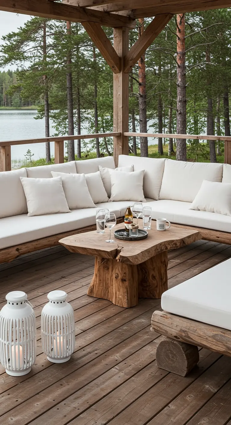 Salon de jardin en bois brut et blanc sur une terrasse en bois face à un lac et une forêt.