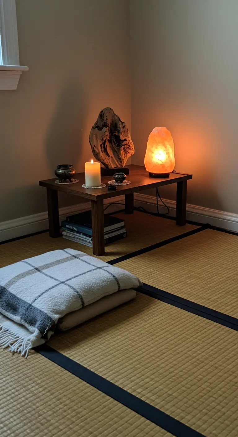 Coin zen avec une lampe de sel de l'Himalaya, une bougie et du bois flotté.