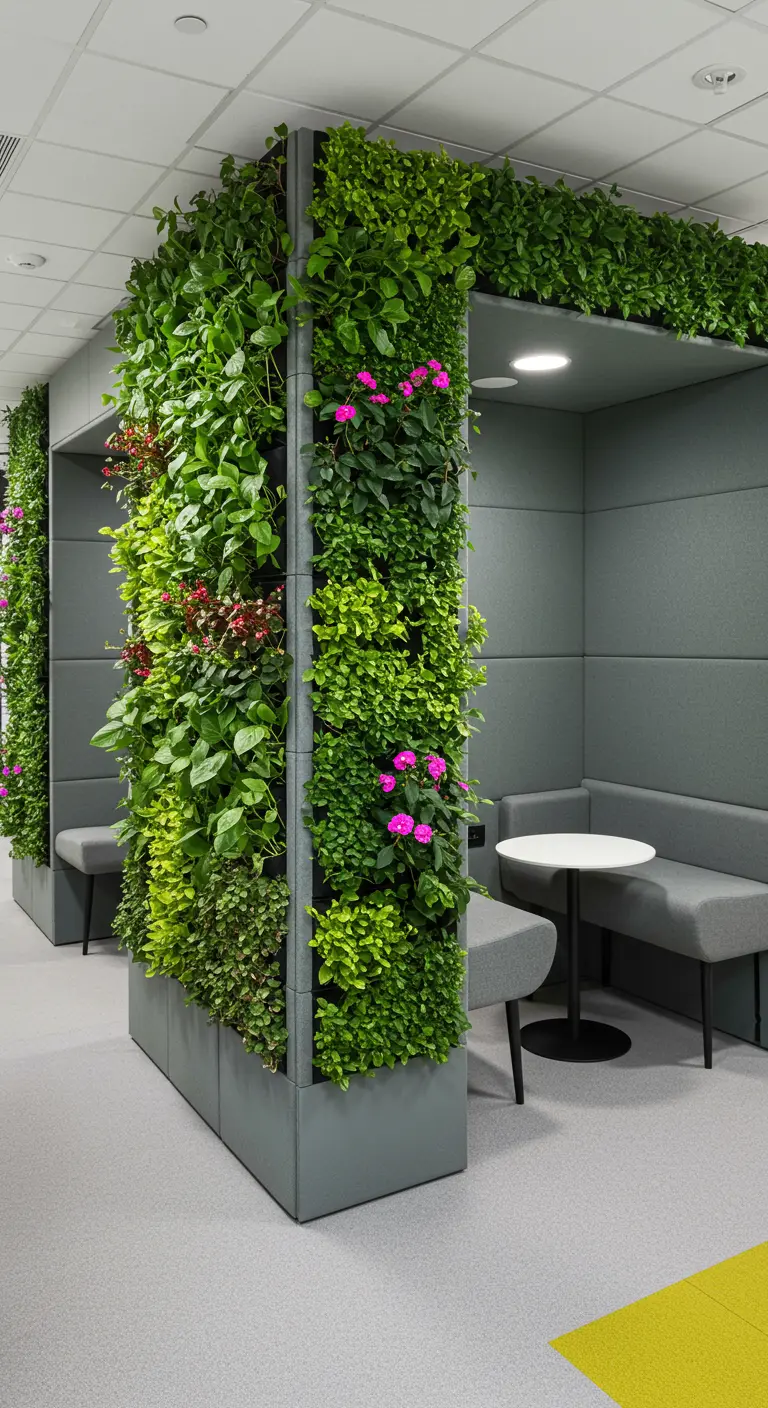 Coin salon avec banquettes grises et des piliers végétaux décorés de fleurs roses dans un bureau.
