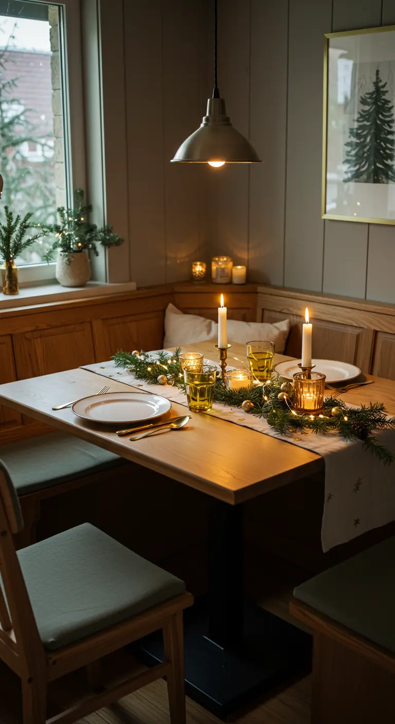 Coin repas en bois avec chemin de table sapin, boules dorées, bougies et lumières chaudes.