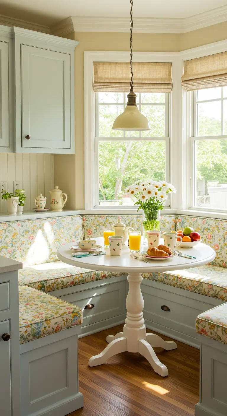 Coin repas douillet avec banquette fleurie, table blanche et vaisselle pastel.