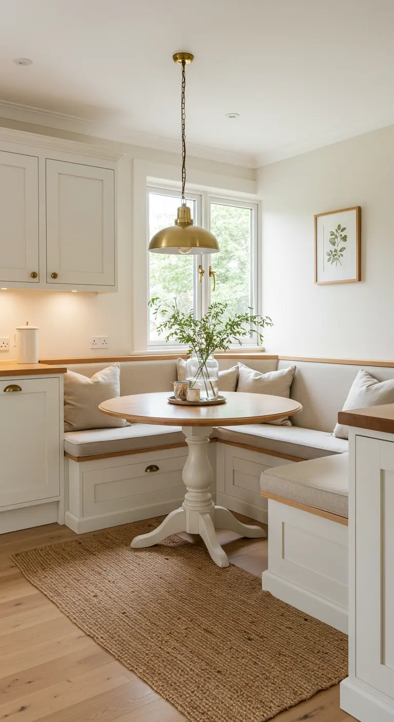 Coin repas confortable avec banquette d'angle, table ronde et vase avec feuillage
