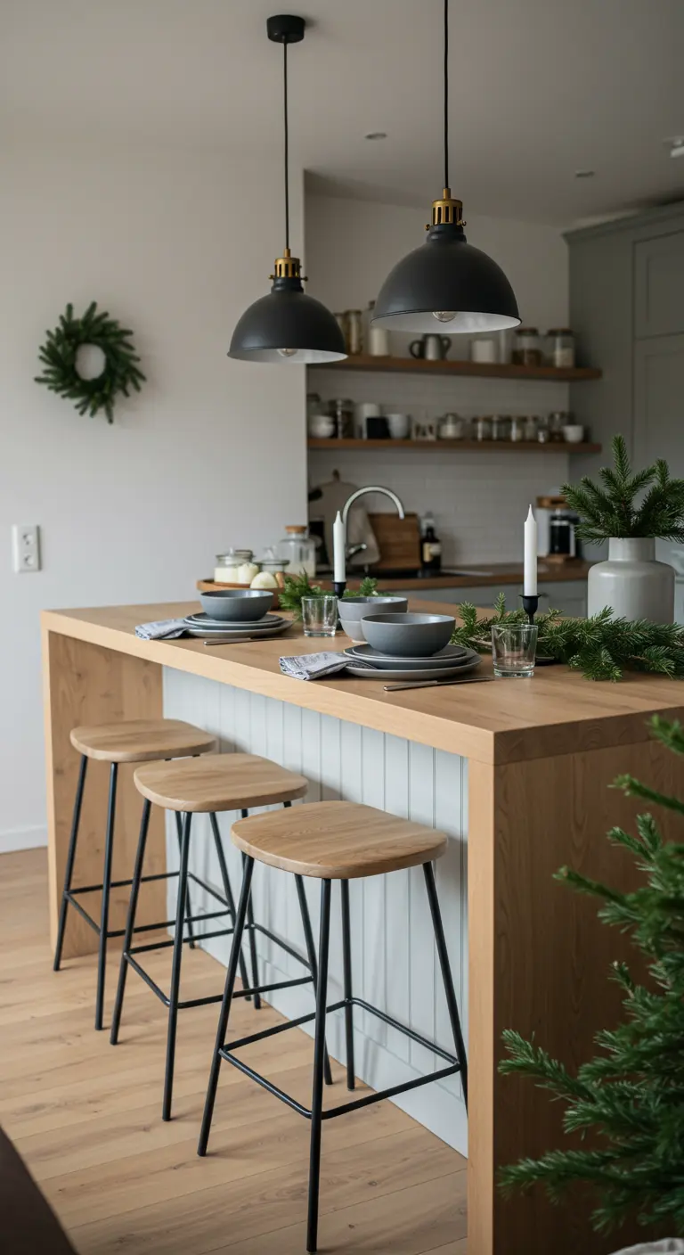 Îlot de cuisine en bois décoré pour Noël avec des tabourets hauts.