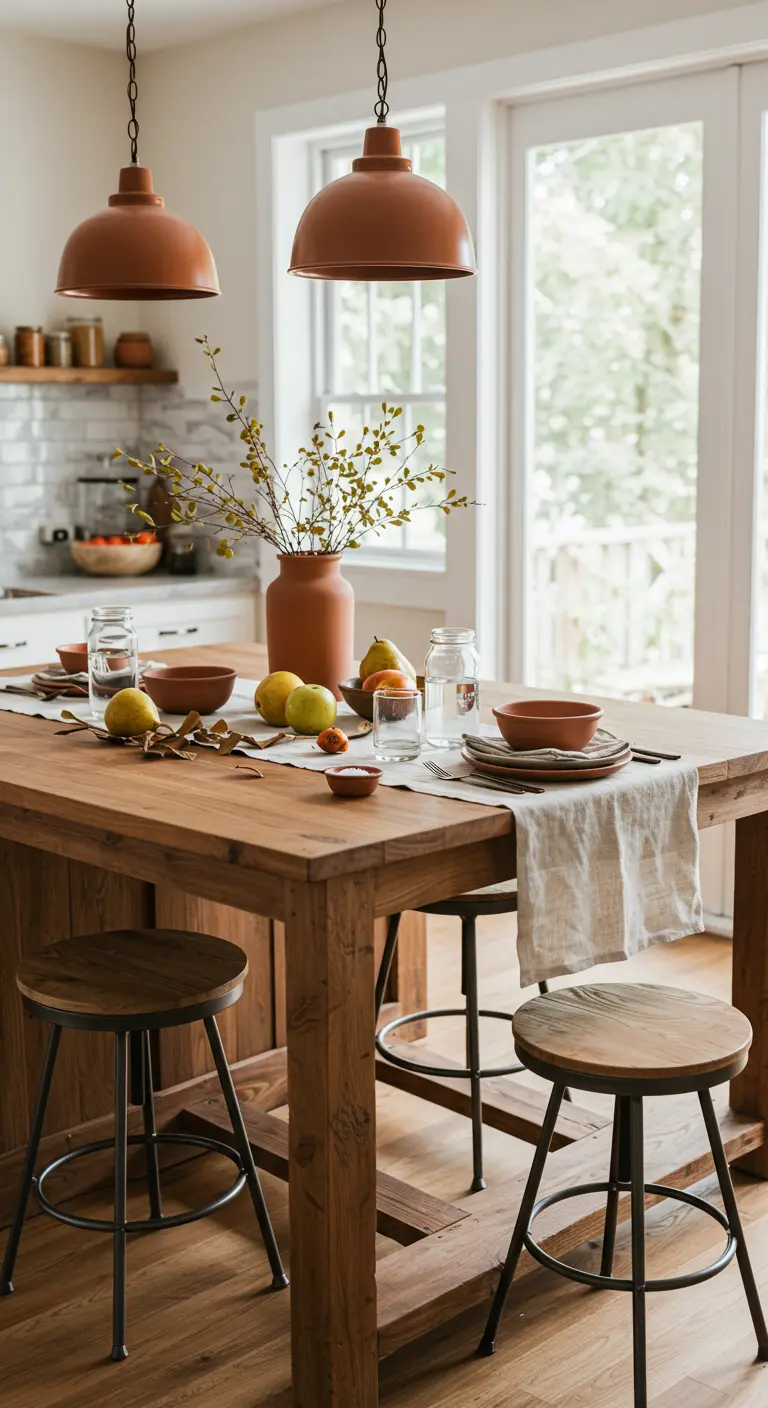 Table de cuisine haute en bois avec tabourets, vase en terre cuite, branches feuillues et fruits, sous des suspensions cuivrées.