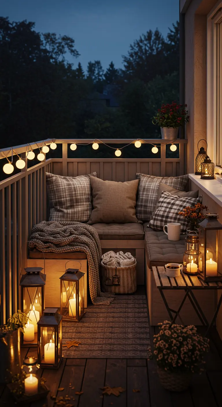 Balcon optimisé avec banquette en U, coussins à carreaux, plaids, nombreuses lanternes et guirlande lumineuse.