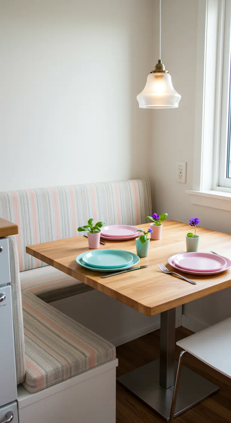 Coin repas avec banquette intégrée, table en bois clair, assiettes pastel et mini-plantes fleuries.