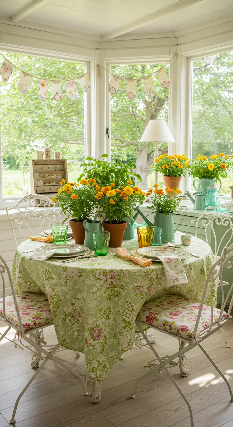 Table ronde avec nappe fleurie, soucis orange en pot et pichets pastel.
