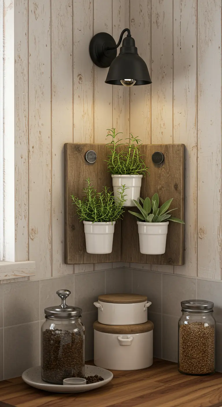Trois pots blancs avec romarin et sauge sur une planche en bois rustique dans un coin cuisine.