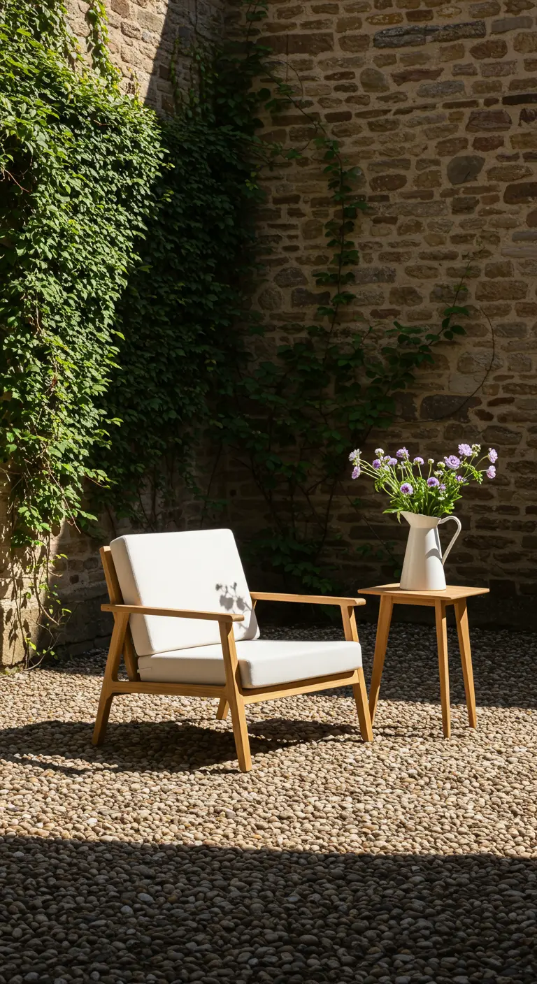 Fauteuil en bois et blanc dans un coin de jardin sur gravier, lierre sur mur en pierre.