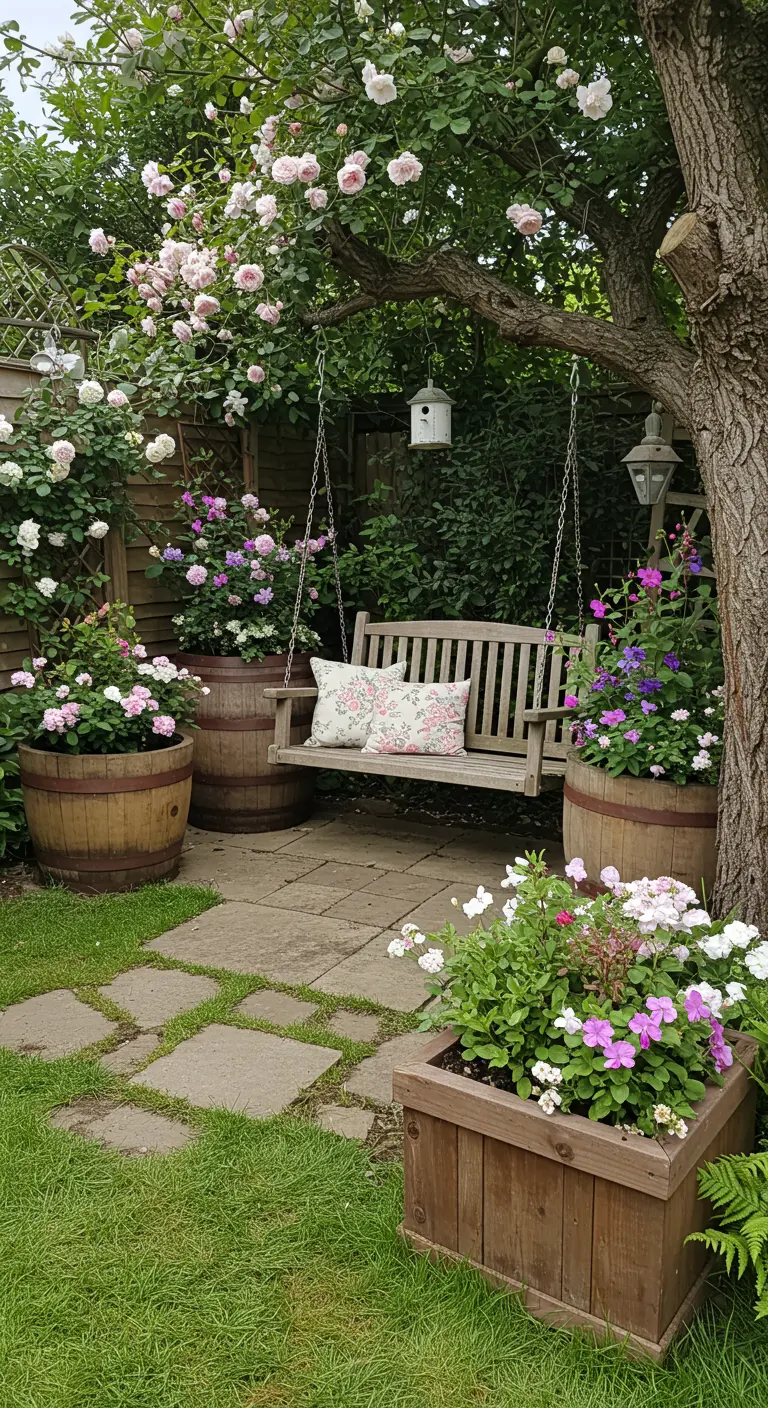Coin de jardin avec balançoire en bois sous un arbre, jardinières en bois et tonneaux remplis de rosiers et fleurs.