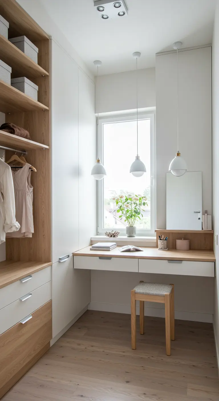 Petit dressing lumineux avec bureau intégré sous la fenêtre, rangements blancs et bois clair.