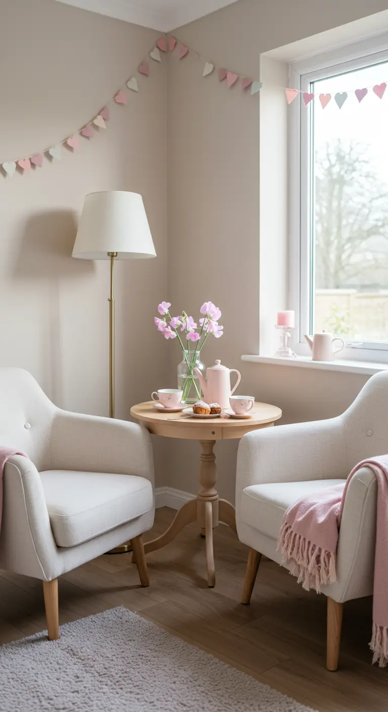 Coin salon cosy avec deux fauteuils, table de thé, fleurs et guirlande de cœurs.