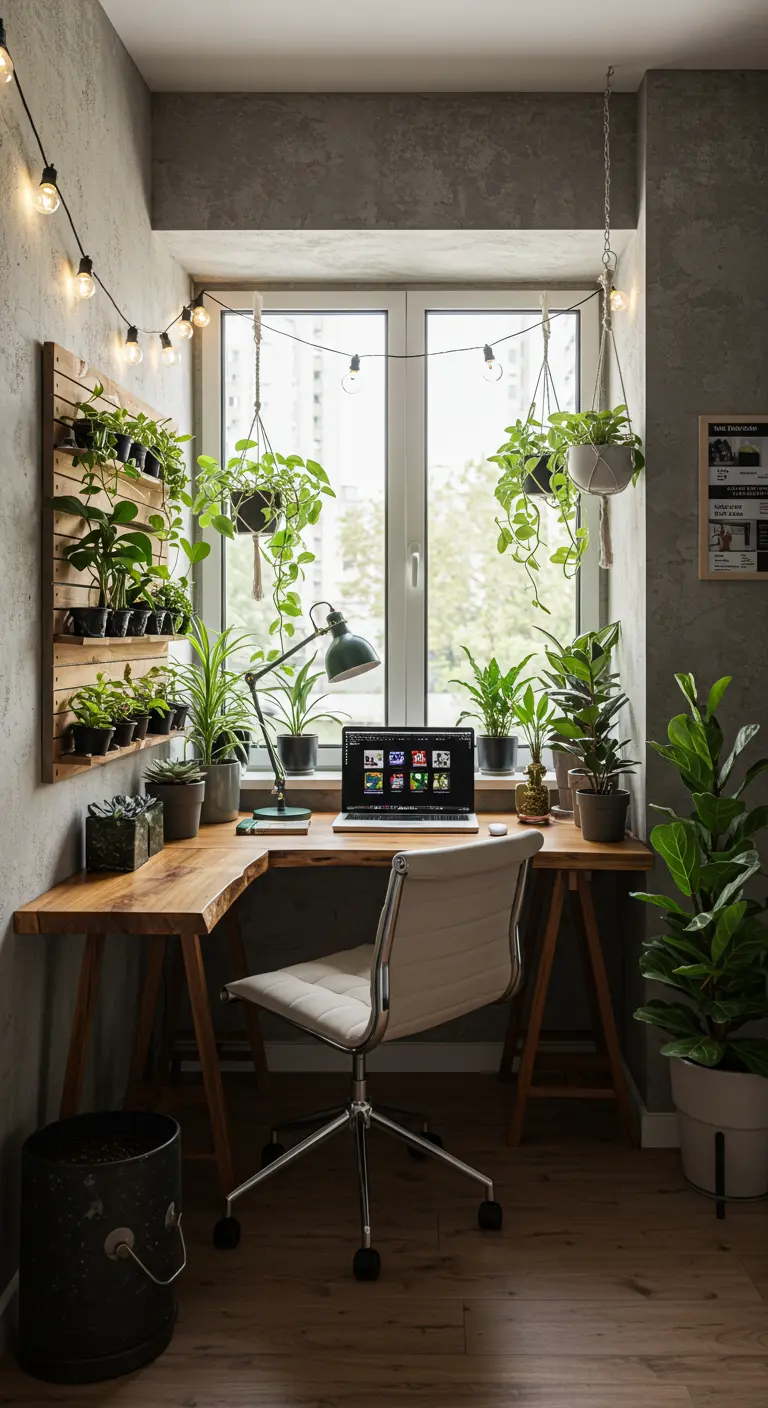 Bureau végétalisé avec mur de plantes en pots, suspensions et guirlandes lumineuses