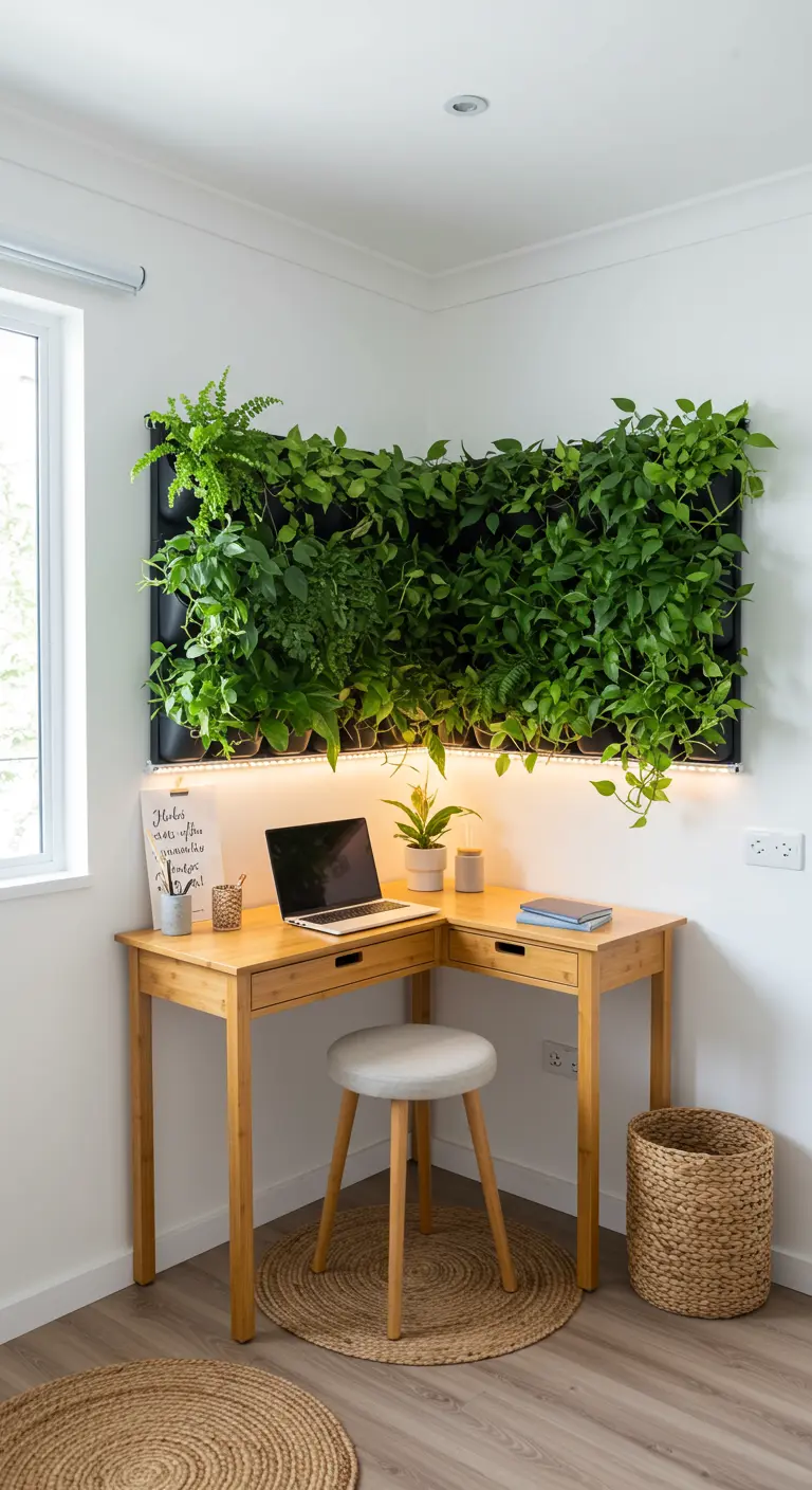 Coin bureau avec mur végétal luxuriant éclairé par LED, bureau d'angle en bois clair et tabouret.