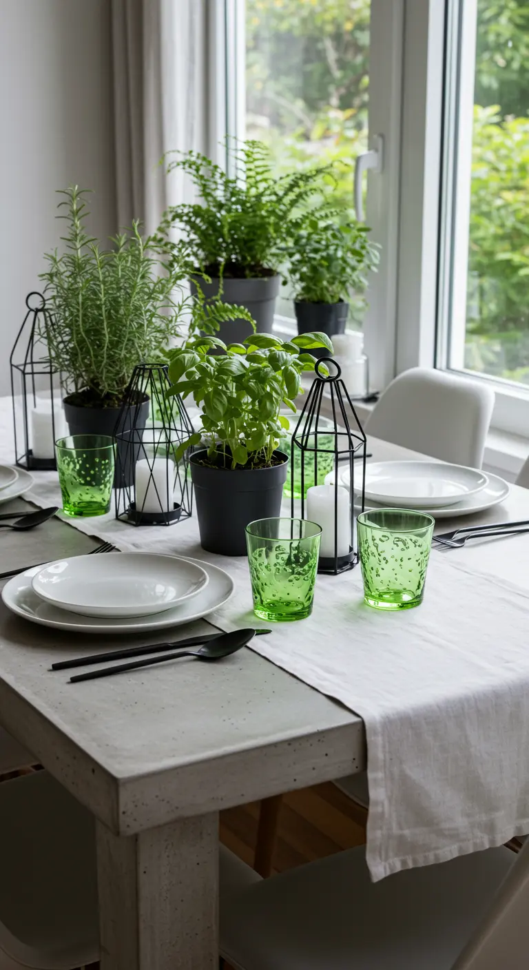 Table contemporaine avec plantes aromatiques, lanternes noires et verres verts, devant une fenêtre.